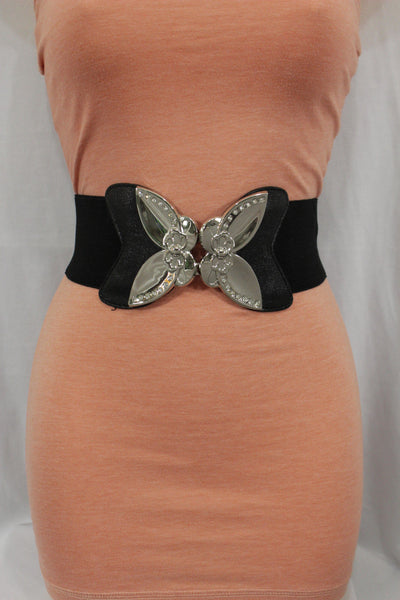 Black Faux Leather Stretch Back Elastic Hip High Waist Wide Belt Silver Big Flower Buckle New Women Fashion Accessories S M - alwaystyle4you - 5