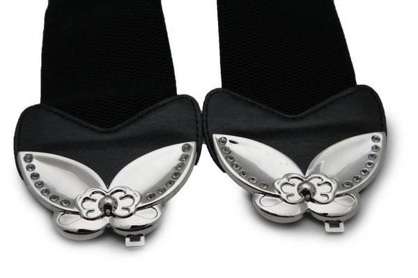 Black Faux Leather Stretch Back Elastic Hip High Waist Wide Belt Silver Big Flower Buckle New Women Fashion Accessories S M - alwaystyle4you - 7