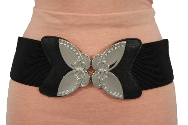 Black Faux Leather Stretch Back Elastic Hip High Waist Wide Belt Silver Big Flower Buckle New Women Fashion Accessories S M - alwaystyle4you - 8