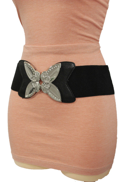 Black Faux Leather Stretch Back Elastic Hip High Waist Wide Belt Silver Big Flower Buckle New Women Fashion Accessories S M - alwaystyle4you - 9