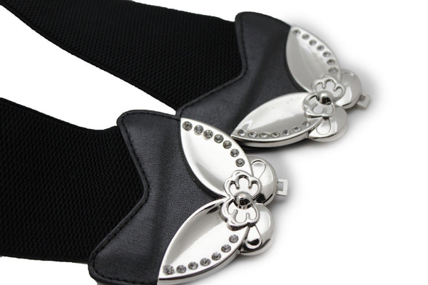 Black Faux Leather Stretch Back Elastic Hip High Waist Wide Belt Silver Big Flower Buckle New Women Fashion Accessories S M - alwaystyle4you - 10