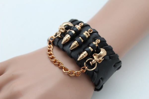 Black Faux Leather Gold Metal Bracelet Chains Skulls Bullet Charms New Women Men Fashion Jewelry Accessories - alwaystyle4you - 1