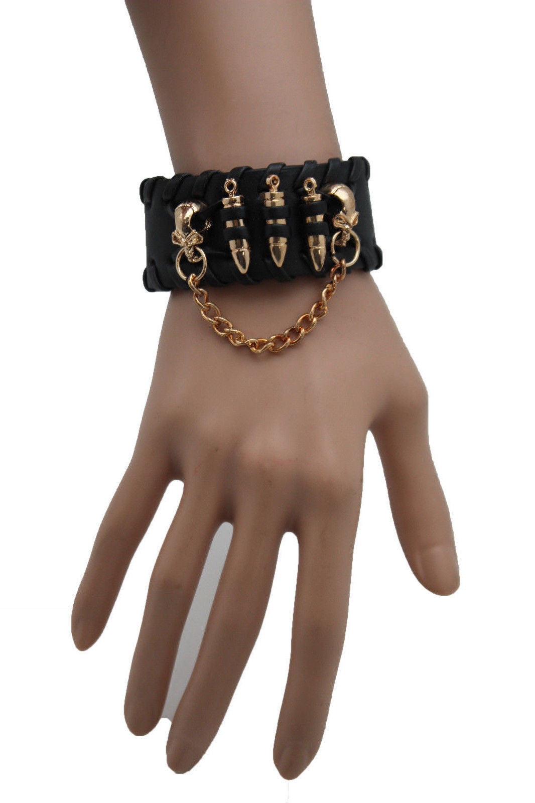 Black Faux Leather Gold Metal Bracelet Chains Skulls Bullet Charms Women Men Fashion Jewelry Accessories - alwaystyle4you - 4