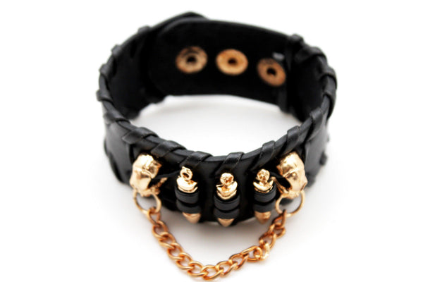 Black Faux Leather Gold Metal Bracelet Chains Skulls Bullet Charms New Women Men Fashion Jewelry Accessories - alwaystyle4you - 9