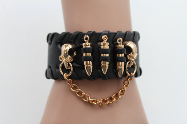 Black Faux Leather Gold Metal Bracelet Chains Skulls Bullet Charms New Women Men Fashion Jewelry Accessories - alwaystyle4you - 10