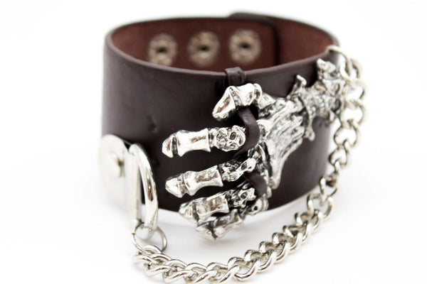 Dark Brown / Black Faux Leather Bracelet Gold / Silver Metal Chains Skeleton Skulls Hand New Women Fashion Jewelry Accessories - alwaystyle4you - 15