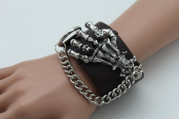 Dark Brown / Black Faux Leather Bracelet Gold / Silver Metal Chains Skeleton Skulls Hand New Women Fashion Jewelry Accessories - alwaystyle4you - 16