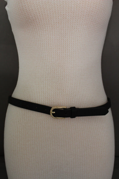 Women Black Peach Beige Faux Leather Bronze Belt Narrow Studs Gold Buckle New Fashion S M