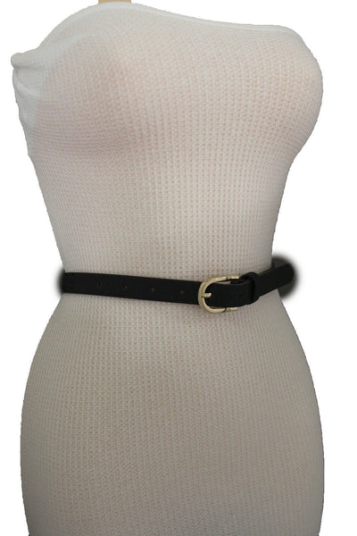 Women Black Peach Beige Faux Leather Bronze Belt Narrow Studs Gold Buckle New Fashion S M