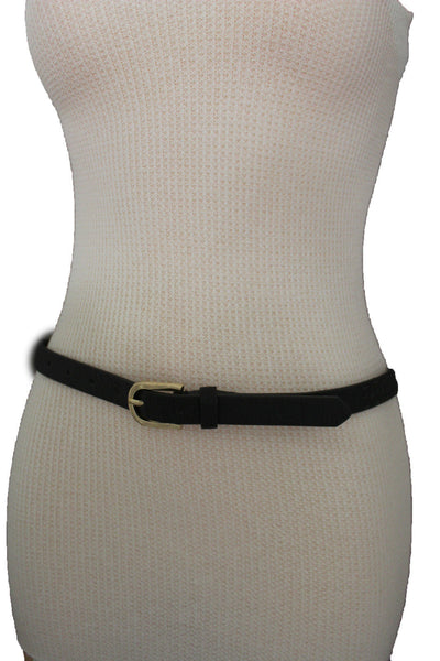 Women Black Peach Beige Faux Leather Bronze Belt Narrow Studs Gold Buckle New Fashion S M