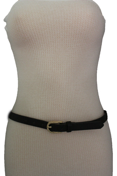 Women Black Peach Beige Faux Leather Bronze Belt Narrow Studs Gold Buckle New Fashion S M