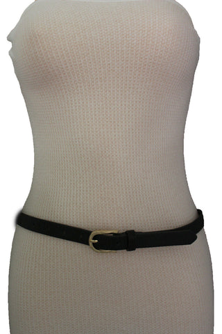 Women Black Peach Beige Faux Leather Bronze Belt Narrow Studs Gold Buckle New Fashion S M