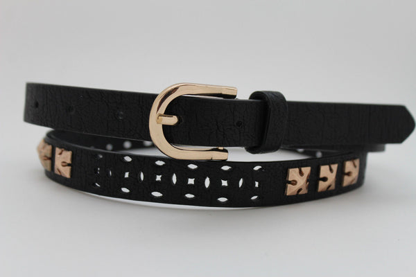 Women Black Peach Beige Faux Leather Bronze Belt Narrow Studs Gold Buckle New Fashion S M