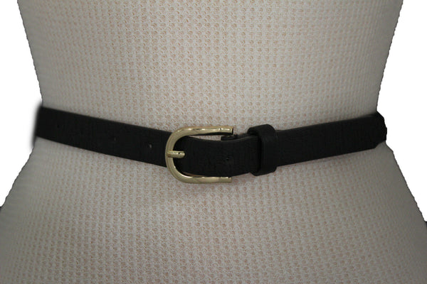 Women Black Peach Beige Faux Leather Bronze Belt Narrow Studs Gold Buckle New Fashion S M