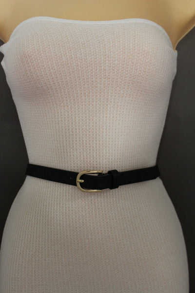 Women Black Peach Beige Faux Leather Bronze Belt Narrow Studs Gold Buckle New Fashion S M