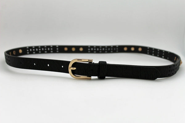Women Black Peach Beige Faux Leather Bronze Belt Narrow Studs Gold Buckle New Fashion S M