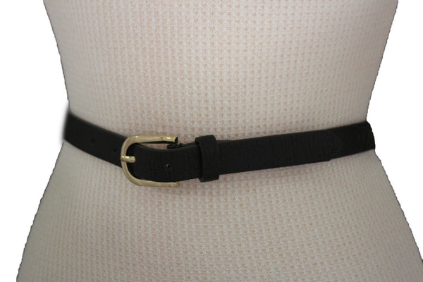 Women Black Peach Beige Faux Leather Bronze Belt Narrow Studs Gold Buckle New Fashion S M