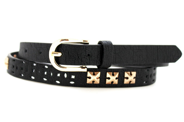Women Black Peach Beige Faux Leather Bronze Belt Narrow Studs Gold Buckle New Fashion S M