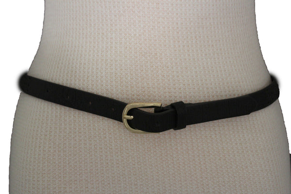 Women Black Peach Beige Faux Leather Bronze Belt Narrow Studs Gold Buckle New Fashion S M