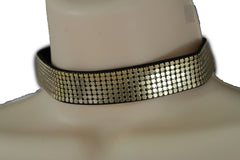Gold & Black Faux Leather Metal Mesh Skinny Choker Necklace