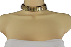 Gold & Black Faux Leather Metal Mesh Skinny Choker Necklace