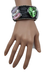 Brown Black Leather Bracelet Colorful Rhinestones Bead New Women Fashion Jewelry Accessories - alwaystyle4you - 2