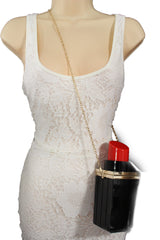 Black Red Lipstick Purse Small Evening Handbag Gold Chain Mini Bag