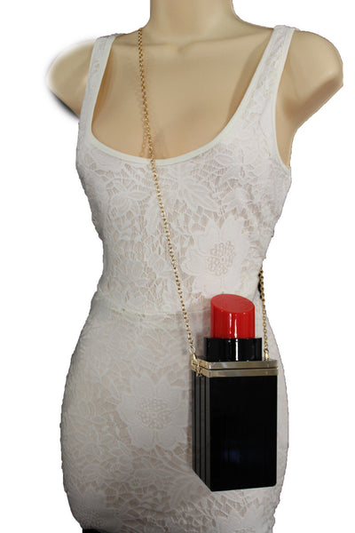 Black Red Lipstick Purse Small Evening Handbag Gold Chain Mini Bag New Women Fashion Accessories