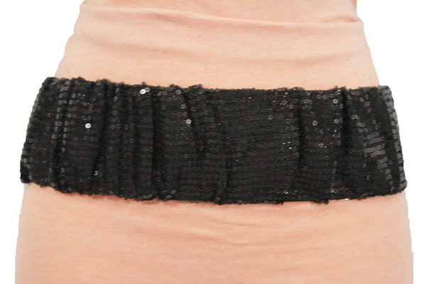 Hot Black Stretch Fabric Sequins Dressy Belt Big Silver Metal Bamboo Buckle New Women XS S M - alwaystyle4you - 11