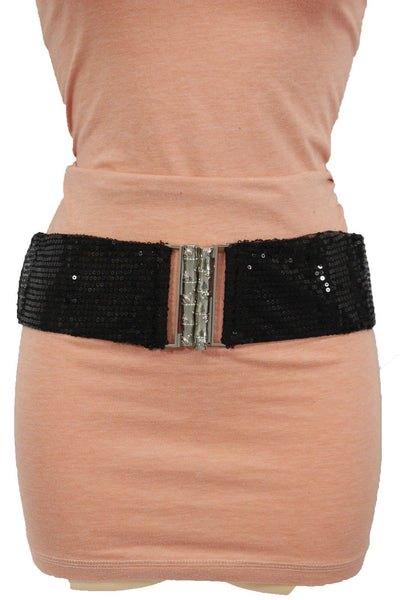 Hot Black Stretch Fabric Sequins Dressy Belt Big Silver Metal Bamboo Buckle New Women XS S M - alwaystyle4you - 12