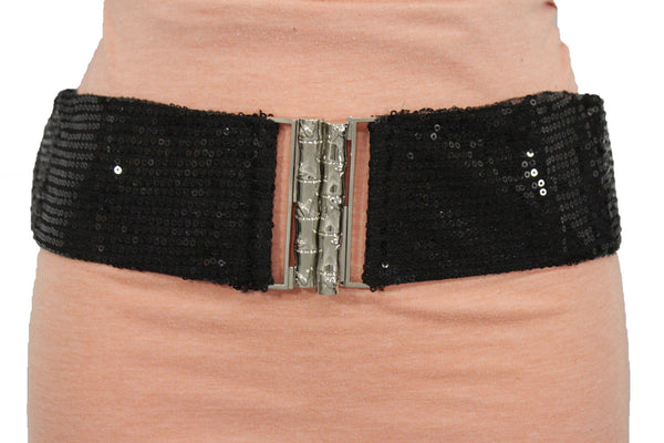Hot Black Stretch Fabric Sequins Dressy Belt Big Silver Metal Bamboo Buckle New Women XS S M - alwaystyle4you - 2