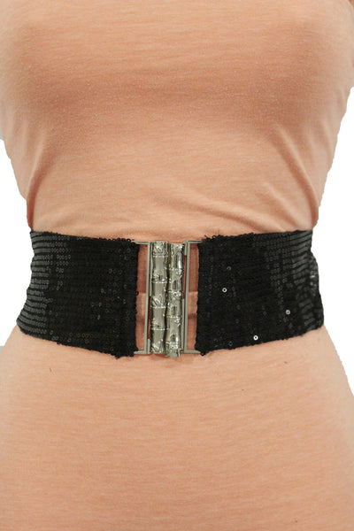 Hot Black Stretch Fabric Sequins Dressy Belt Big Silver Metal Bamboo Buckle New Women XS S M - alwaystyle4you - 4