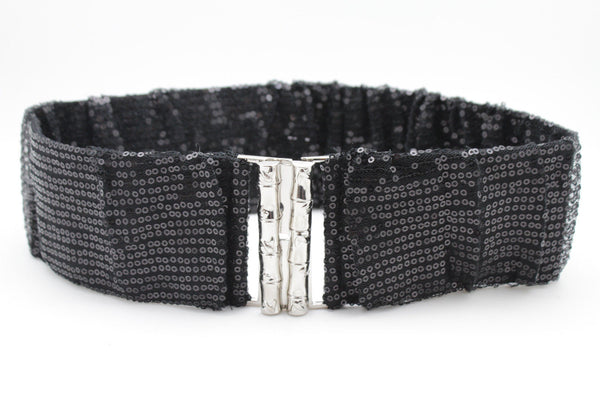 Hot Black Stretch Fabric Sequins Dressy Belt Big Silver Metal Bamboo Buckle New Women XS S M - alwaystyle4you - 5