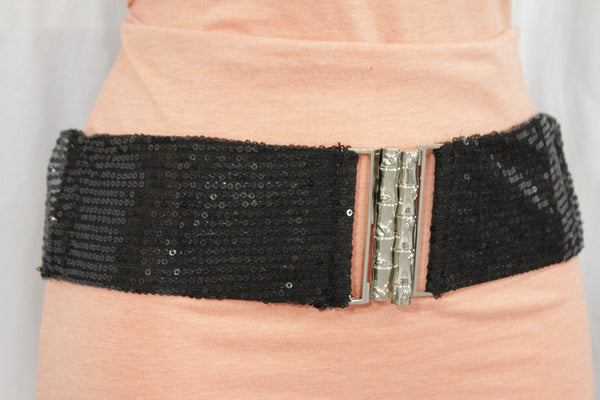 Black Stretch Fabric Sequins Dressy Hot Belt Big Silver Metal Bamboo Buckle New Women XS S M