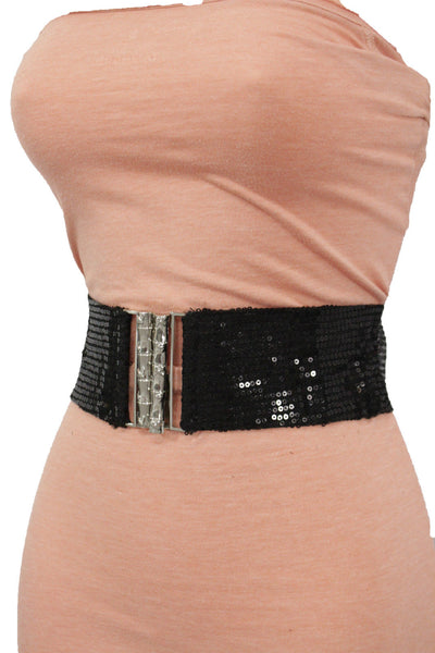 Hot Black Stretch Fabric Sequins Dressy Belt Big Silver Metal Bamboo Buckle New Women XS S M - alwaystyle4you - 7