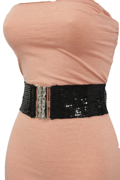 Hot Black Stretch Fabric Sequins Dressy Belt Big Silver Metal Bamboo Buckle New Women XS S M - alwaystyle4you - 7