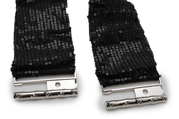 Hot Black Stretch Fabric Sequins Dressy Belt Big Silver Metal Bamboo Buckle New Women XS S M - alwaystyle4you - 8
