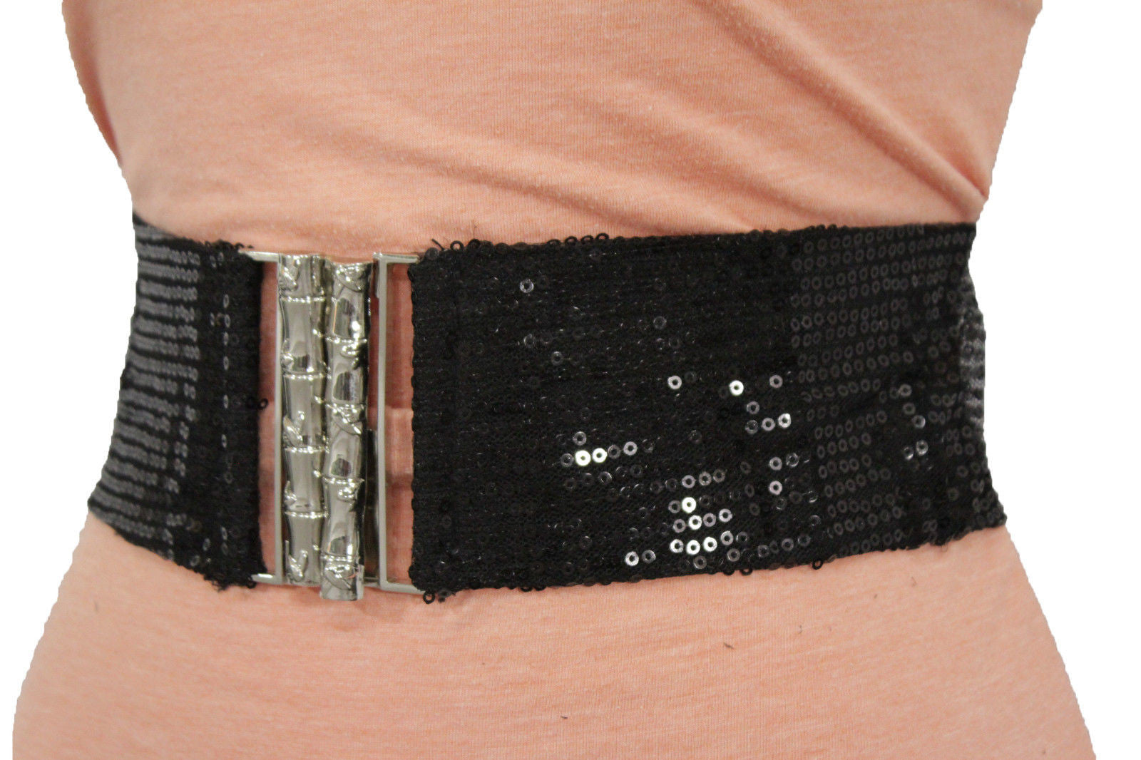 Hot Black Stretch Fabric Sequins Dressy Belt Big Silver Metal Bamboo Buckle Women XS S M - alwaystyle4you - 1