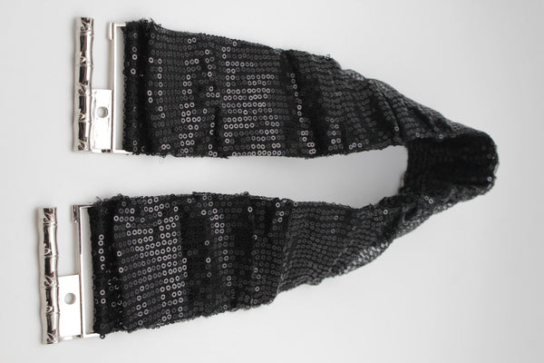 Hot Black Stretch Fabric Sequins Dressy Belt Big Silver Metal Bamboo Buckle New Women XS S M - alwaystyle4you - 9