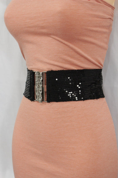 Hot Black Stretch Fabric Sequins Dressy Belt Big Silver Metal Bamboo Buckle New Women XS S M - alwaystyle4you - 10