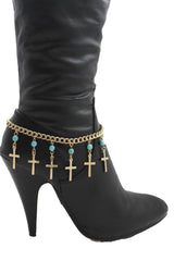 Gold Metal Turquoise Blue Crosses Anklet Shoe Charm Boot Chains Bracelet New Women Accessories - alwaystyle4you - 3