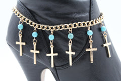 Gold Metal Turquoise Blue Crosses Anklet Shoe Charm Boot Chains Bracelet Women Accessories - alwaystyle4you - 1