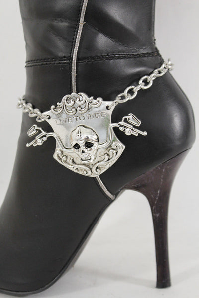 Silver Metal Chain Anklet Shoe Charm Live To Ride Bike Skull Boot Bracelet New Women Accessories