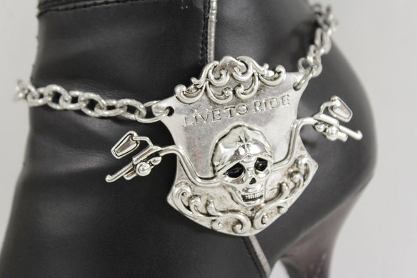 Silver Metal Chain Anklet Shoe Charm Live To Ride Bike Skull Boot Bracelet New Women Accessories