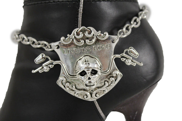 Silver Metal Chain Anklet Shoe Charm Live To Ride Bike Skull Boot Bracelet New Women Accessories