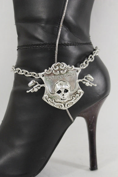 Silver Metal Chain Anklet Shoe Charm Live To Ride Bike Skull Boot Bracelet New Women Accessories