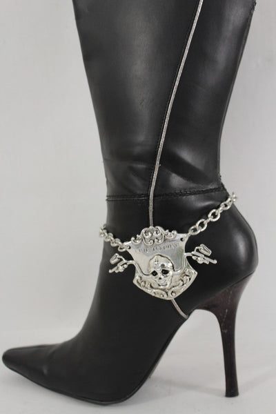 Silver Metal Chain Anklet Shoe Charm Live To Ride Bike Skull Boot Bracelet New Women Accessories