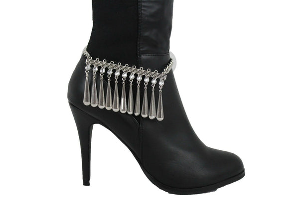 Boot Chain Silver Metal Shoe Anklet Bling Beads Dangel Charm Drop Strap Women Accessories