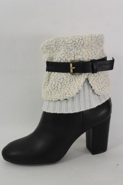 White Black Gray Pair Boots Cover Toppers Fabric Slip On Booties Warmer Knit