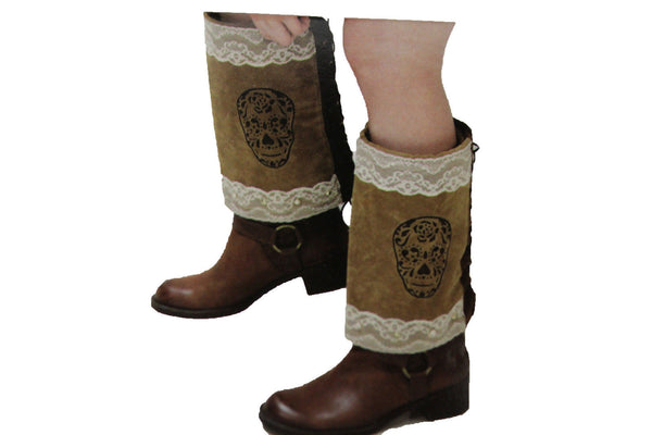 Brown Beige Faux Leather Slip On Western Sugar Skulls Boots Cover Toppers New Women Accessories